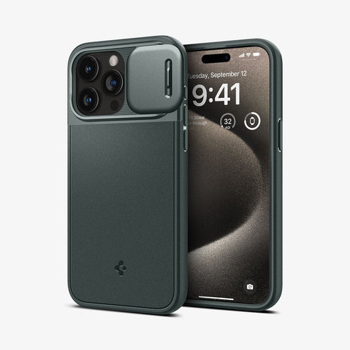 ACS06599 - iPhone 15 Pro Max Case Optik Armor (MagFit) in black showing the back with lens slot open